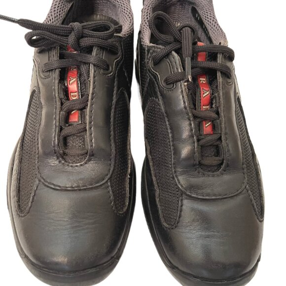 Prada America’s Cup Black Calfskin Leather & Mesh Low Top Sneaker Men's Size 7 - Picture 8 of 14